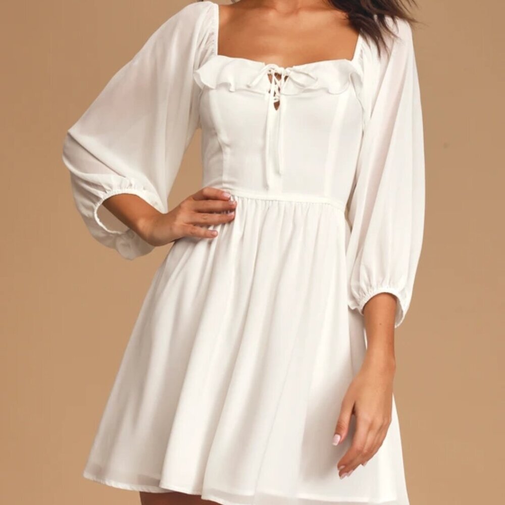 White Off-Shoulder Chiffon Dress with Ruffle Detail - Size M, New with Tags